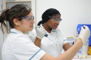 Two women in a hospital doing examination analysis